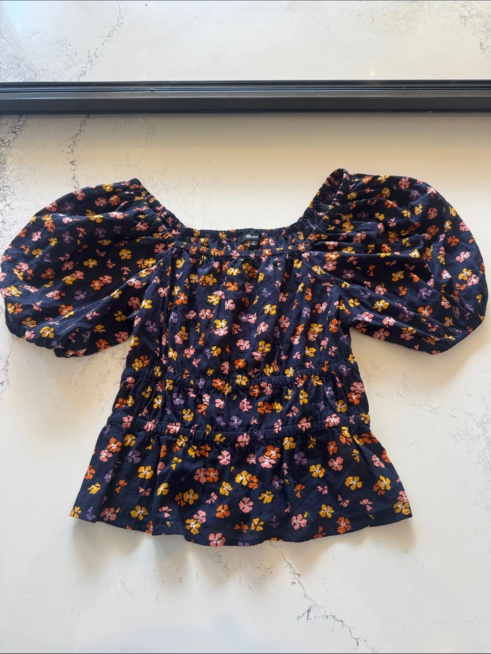 Madewell Navy Floral Puff-Sleeve Top